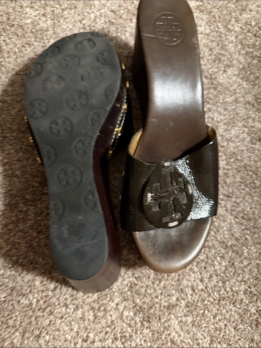 Tory Burch Dark Brown Patent Leather Logo Slide Mules